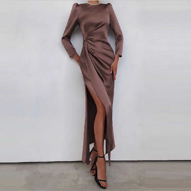 Suzi Bronze Satin Split Dress