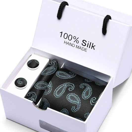 Black Turquoise Paisley Hand made Silk Tie With Hanky and Cufflinks Set