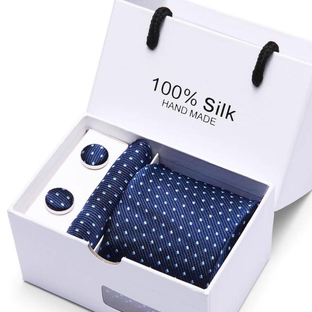 Blue and White Spotty Hand made Silk Tie With Hanky and Cufflinks Set